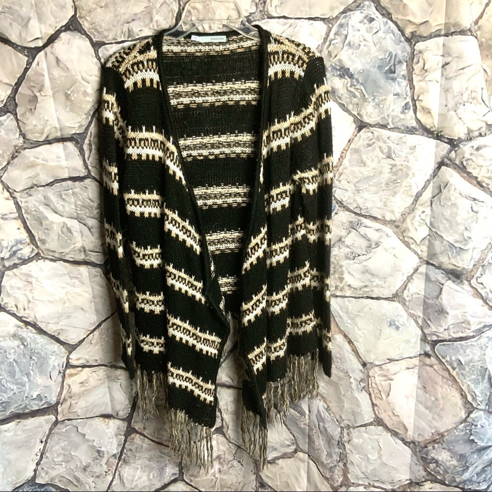 Maurices Black Cream/Tan w Fringe Cardigan Wm L - Picture 2 of 4